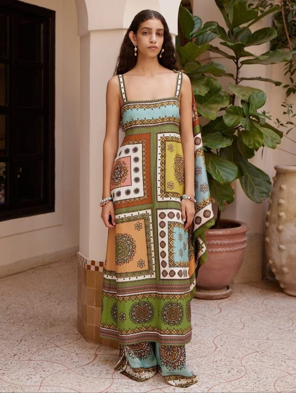Alemais Multicolor Patchwork Midi Dress in Green, Turquoise & Tan